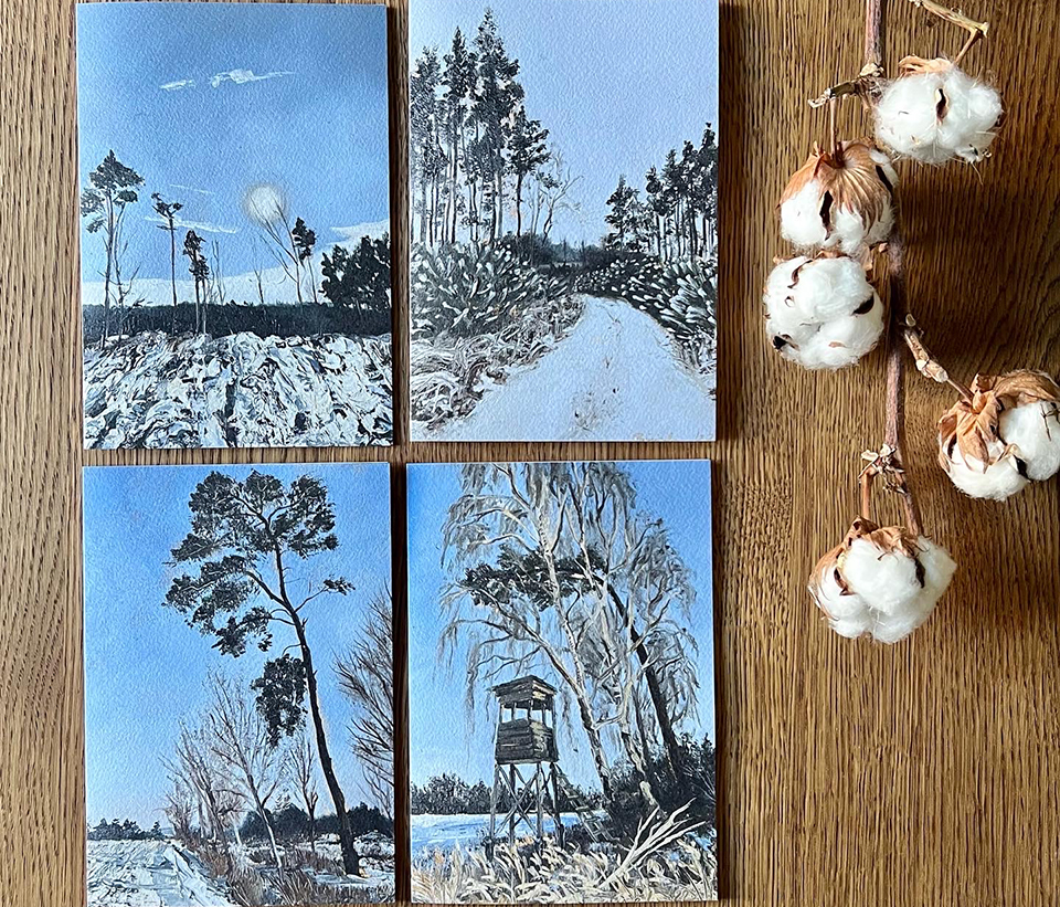 Four canvasses of winter sketches.